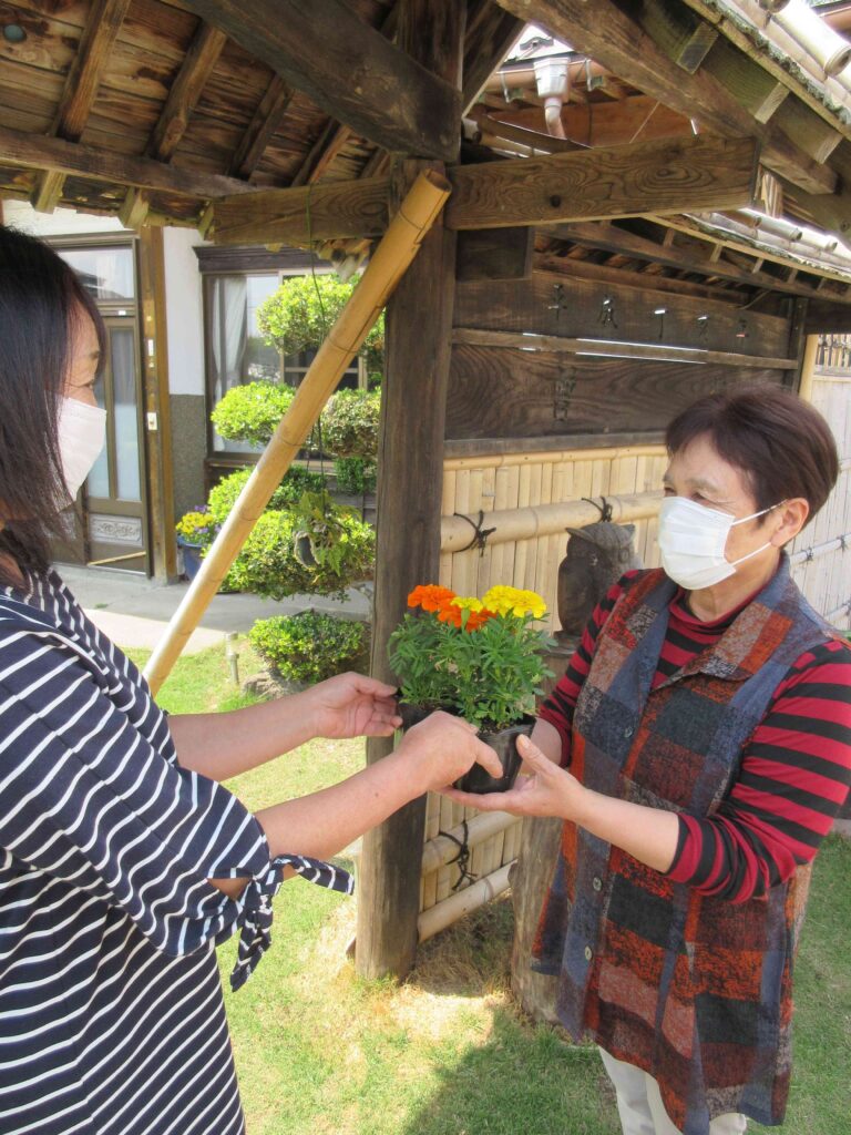 花の苗を配布する。部員（右）に手渡す班長（左）